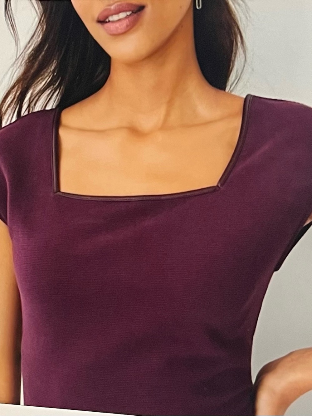 NWT AT Faux Leather Trim Textured Square Neck Top